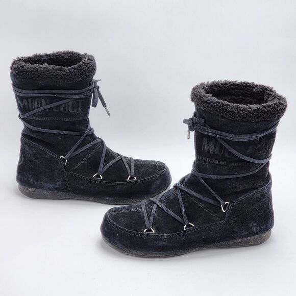 Moon Boot Technica Y2K Vintage Suede Sherpa Black Boots Size 7.5 RARE - Picture 4 of 9